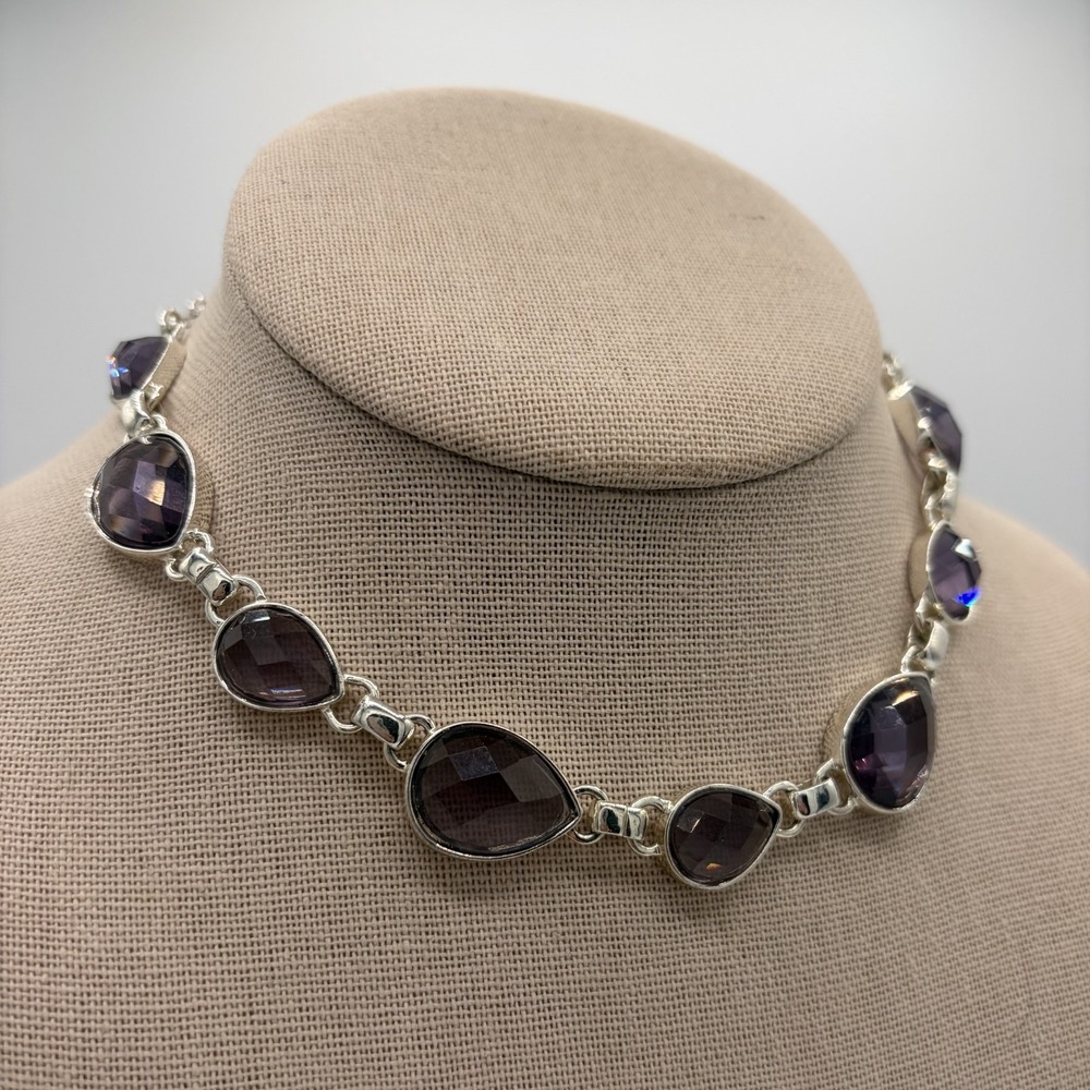 Vintage Napier Silver Tone Purple Faceted Teardrop Statement Choker‎ Necklace